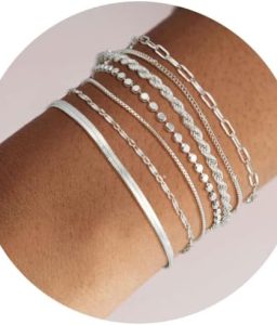 Silver Bracelets for Women Trendy Waterproof Silver Dainty Bracelet Stack Adjustable Layered Bracelet Set Minimalist Fashion Jewelry