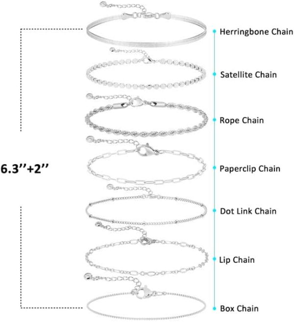 Silver Bracelets for Women Trendy Waterproof Silver Dainty Bracelet Stack Adjustable Layered Bracelet Set Minimalist Fashion Jewelry - Image 6